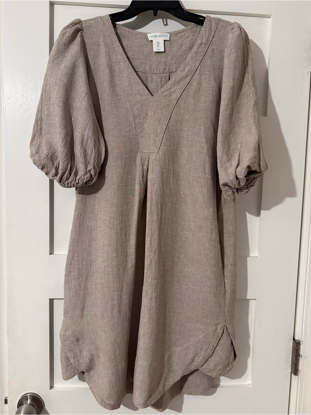 Linen Puff-Sleeve V-Neck Dress in Taupe WORN ONCE